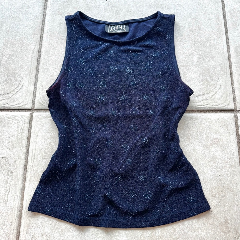 Y2K Navy Blue City Triangles Glitter Backless Tie fairy Tank Top